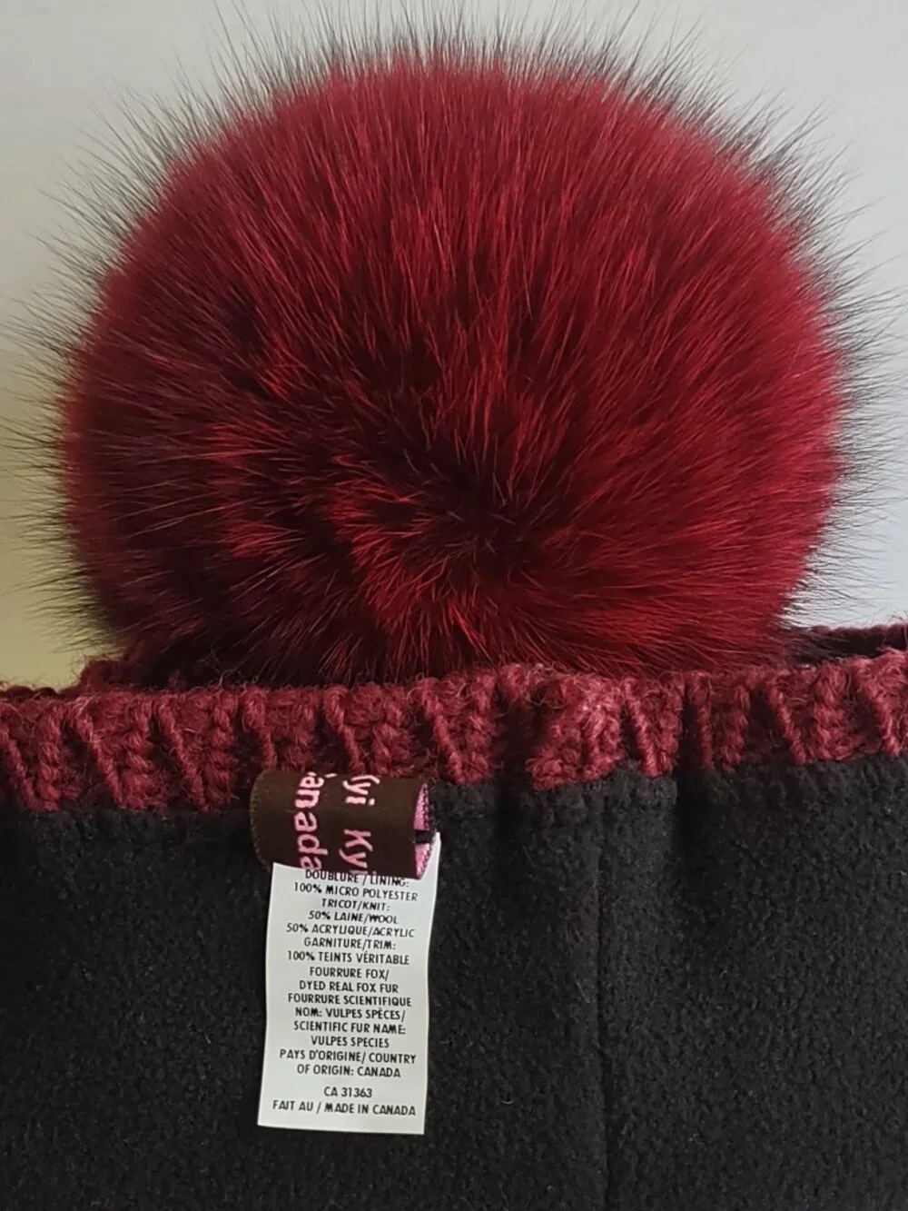 Kyi Kyi Classic Fox Fur Pom Pom Beanie Hat Burgundy